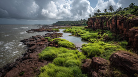 A photograph of India 26 with goa coastal cliffs, riverbank grasses, indian monsoon season, ultra...