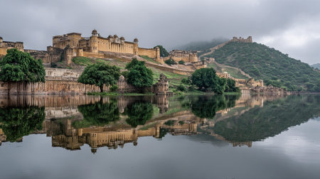 A photograph of India with jaipur amber fort hills, lake water reflections, monsoon season, ultra...