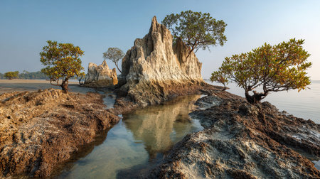 A photograph of India 33 with sundarbans mangrove delta, granite rock formations, indian summer,...