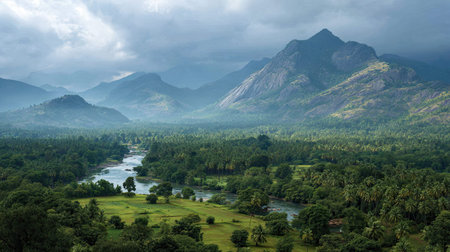 A photograph of India 31 with kerala river valley, spice plantation trees, indian monsoon season,...