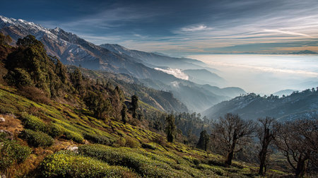 A photograph of India 18 with darjeeling tea plantations, view of alpine vegetation, indian winter,...