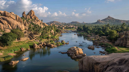 A photograph of India with hampi temple ruins valley, indian monsoon season, ultra realistic...