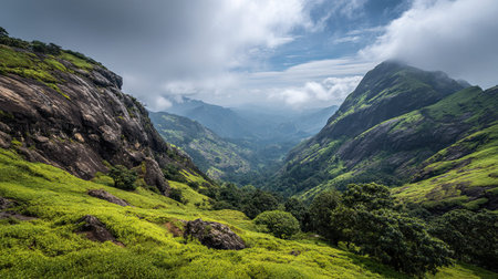 A photograph of India 35 with kerala hill station valley, granite rock formations, indian monsoon...
