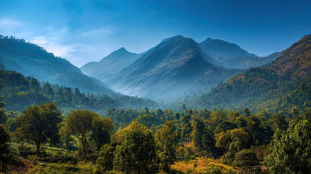 A photograph of India 42 with kerala forest valley, spice plantation trees, indian summer, ultra...