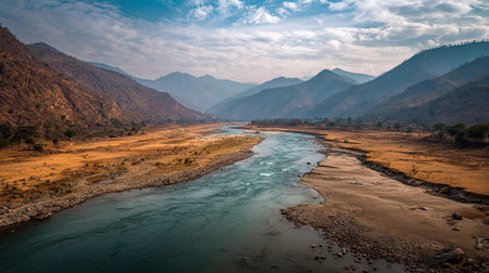 A photograph of a river valley, water, winter, ultra realistic landscape photography, wide angle...