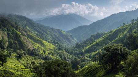 A photograph of India with darjeeling tea plantations, trees, indian monsoon season, ultra realistic...
