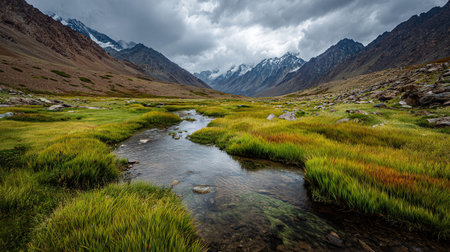 A photograph of a ladakh mountain valley, alpine meadow grass, monsoon season, ultra realistic...