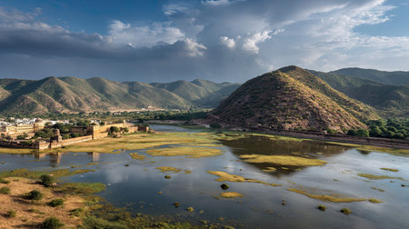 A photograph of India 87 with jaipur amber fort hills, salt flats, indian monsoon season, ultra...