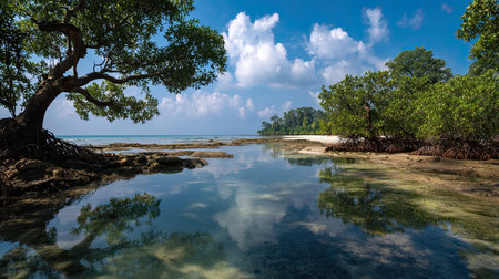 A photograph of India 60 with andaman tropical coast, mangrove trees, indian monsoon season, ultra...