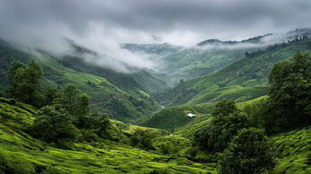 A photograph of India with darjeeling tea plantations, indian monsoon season, ultra realistic...