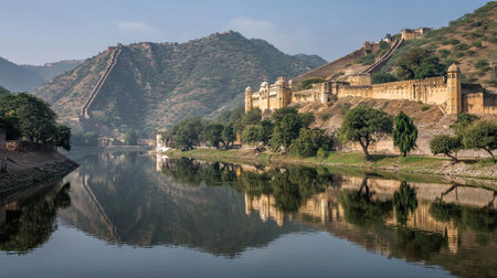 A photograph of India 71 with jaipur amber fort hills, yamuna river water, indian summer, ultra...