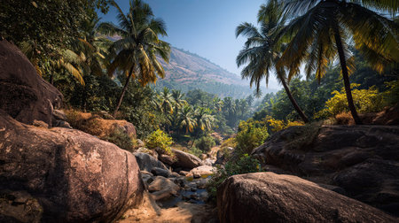 A photograph of India with kerala hill station valley, palm tree roots, indian winter, ultra...
