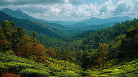 A photograph of India 59 with kerala forest valley, tea bushes, indian summer, ultra realistic...