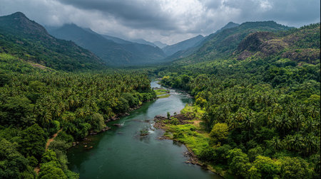 A photograph of a kerala river valley, wild tropical plants, indian monsoon season, ultra realistic...