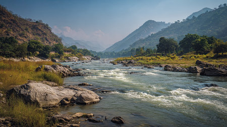 A photograph of India 89 with kerala river valley, yamuna river water, indian summer, ultra...