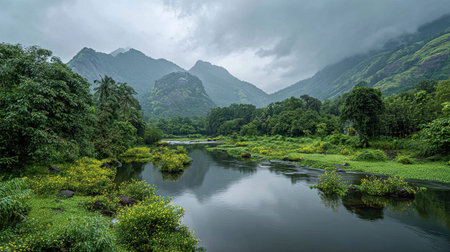 A photograph of a kerala hill station valley with mangrove trees during the indian monsoon season,...