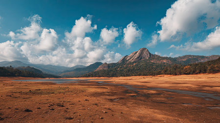 A photograph of India 86 with kerala river valley, dry soil textures, indian winter, ultra realistic...