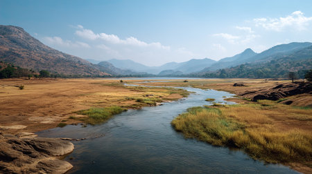 A photograph of India 90 with kerala river valley, arid desert grasses, indian summer, ultra...