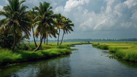 A photograph of India with kerala backwaters landscape, grass, indian spring, ultra realistic...