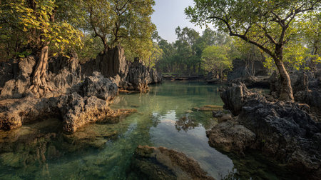 A photograph of the sundarbans mangrove delta with granite rock formations, summer landscape photography, wide angle lens, natural colors, clean composition, no peopleの写真素材