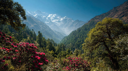A photograph of Nepal with langtang forest valley, rhododendron trees, nepal summer, ultra realistic...