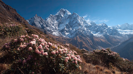 A photograph of Nepal 55 with himalayan ridge panorama, alpine flower clusters, nepal winter, ultra...
