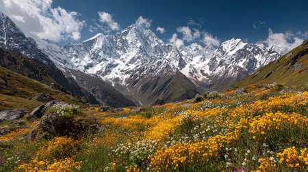 A photograph of Nepal 1 with himalayan ridge panorama, alpine wildflowers, nepal summer, ultra...