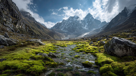 A photograph of Nepal 49 with everest glacial basin, alpine moss patches, nepal spring, ultra...