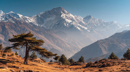 A photograph of Nepal with mustang desert horizon, mountain pine trees, winter, ultra realistic...