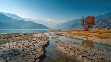 A photograph of Nepal 36 with pokhara phewa lake shore, wind shaped soil, nepal autumn, ultra...