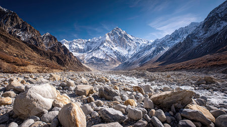 A photograph of Nepal 66 with mustang canyon landscape, rocky moraine stones, nepal winter, ultra...