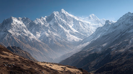 A photograph of langtang valley landscape, snow covered peaks, spring, ultra realistic landscape...
