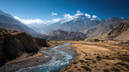A photograph of Nepal 10 with mustang plateau landscape, river streams, nepal summer, ultra...