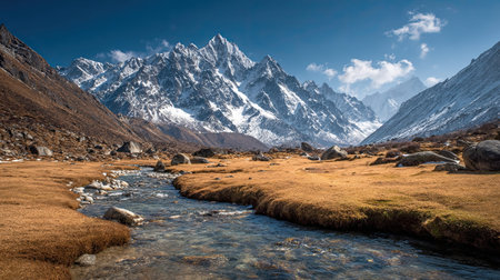 A photograph of Nepal with himalayan alpine meadow, river streams, winter, ultra realistic landscape...