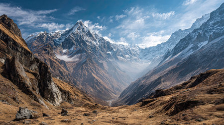 A photograph of Nepal 8 with annapurna trekking trail valley, rock outcrops, nepal summer, ultra...