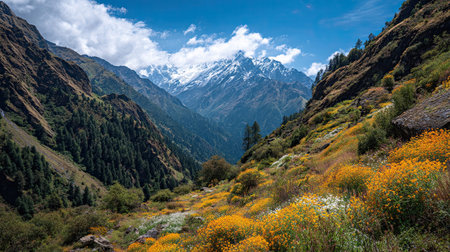 A photograph of Nepal 9 with langtang alpine basin, alpine wildflowers, nepal autumn, ultra...