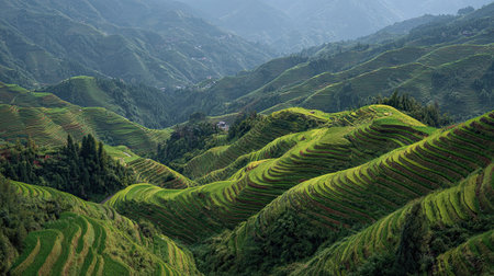 A photograph of terraced rice fields in Longji, China, featuring water plants and the Chinese summer...