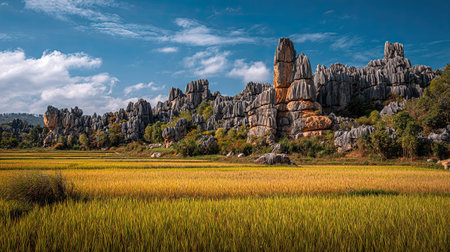 A photograph of China 14 with yunnan stone forest formations, rice plants, chinese spring, ultra...