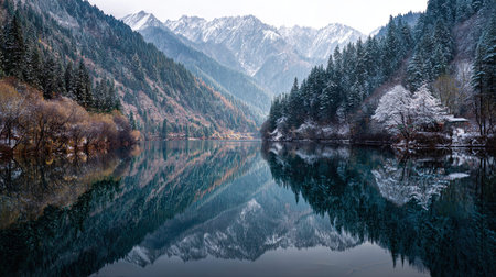 A photograph of China 26 with sichuan panda forest valley, crystal clear lake water, chinese winter,...