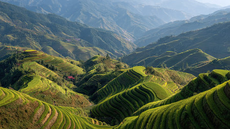 A photograph of China 2 with terraced rice fields longji, mountain soil textures, chinese summer,...