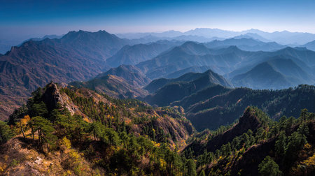 A photograph of a mountain ridge with chinese pine trees, autumn colors, ultra realistic landscape...
