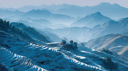 A photograph of China 31 with longji terrace hills, view of karst hills, chinese winter, ultra...