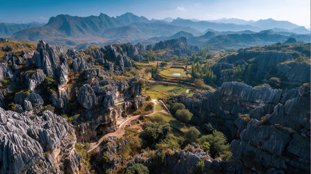 A photograph of China 3 with yunnan plateau valley, limestone pillars, chinese spring, ultra...