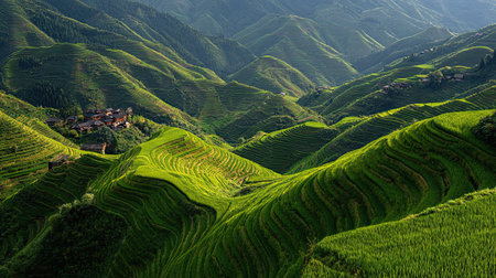 A photograph of China 2 with terraced rice fields longji, mountain soil textures, chinese summer,...