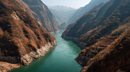A photograph of China with yangtze river gorge, wild herbs, chinese winter, ultra realistic...