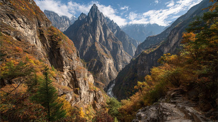 A photograph of China 9 with tiger leaping gorge canyon, bamboo forests, chinese autumn, ultra realistic landscape photography, wide angle lens, natural colors, clean composition, no peopleの写真素材