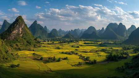 A photograph of China 81 with yangshuo countryside plains, rice plants, chinese spring, ultra...
