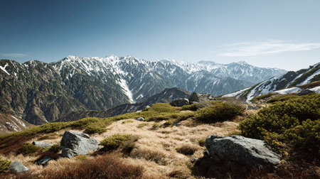A photograph of a mountain horizon, view of alpine vegetation, spring, ultra realistic landscape...
