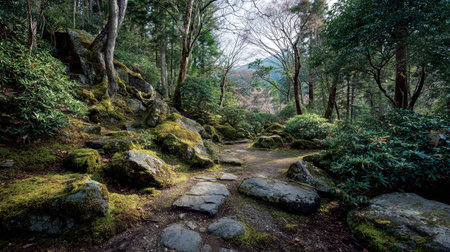 A photograph of Japan 22 with nikko shrine forest valley, woodland shrubs, japanese spring, ultra...