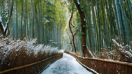 A photograph of a japanese bamboo grove path, snow covered ground, ultra realistic landscape...